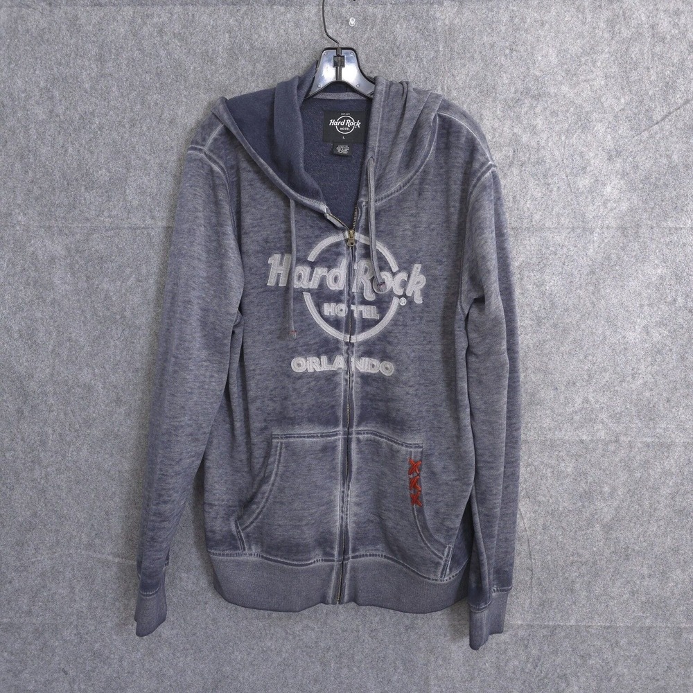 Hard Rock Hotel Orlando L  Hoodie Sweatshirt Gray Full Zip Stone Washed Charcoal